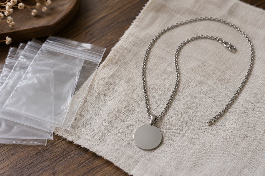 Illustration: A complete stainless steel necklace including pendant chain and clasp beside separate blank sample bags for component identification