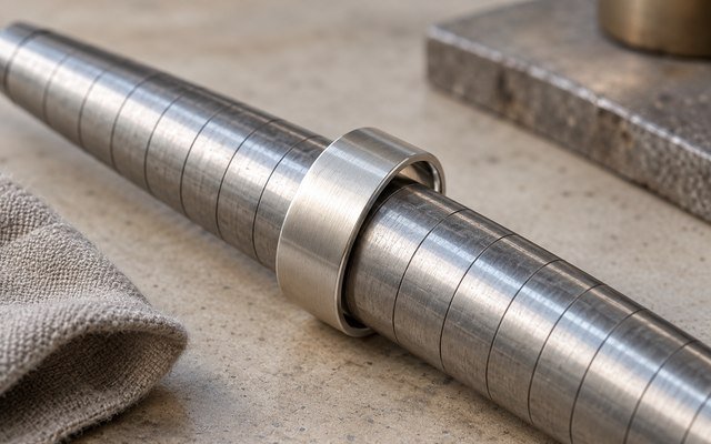 AI-generated editorial illustration: wide steel ring resting on an unmarked tapered ring mandrel