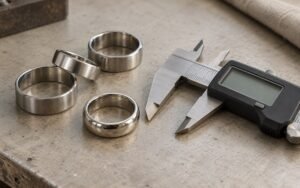 AI-generated editorial illustration: plain steel rings beside calipers on neutral workbench, blank instrument display