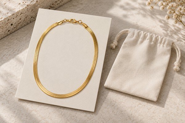 Gold chain necklace with a card and protective pouch