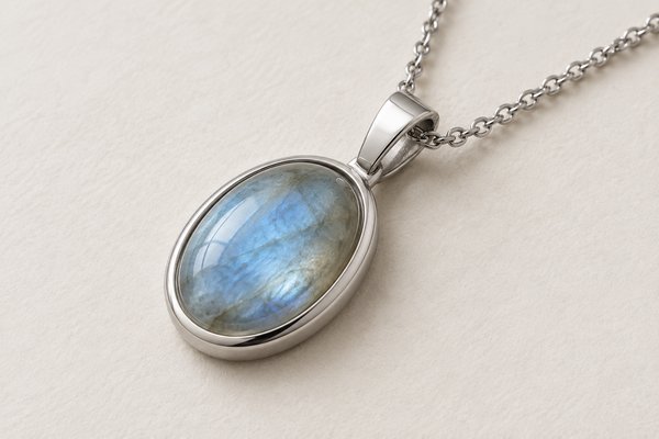 silver stainless steel oval gemstone pendant with integrated bail: macro of bail opening with chain passing through