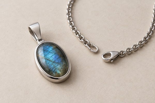 silver stainless steel oval gemstone pendant with integrated bail: pendant and chain connector laid separately