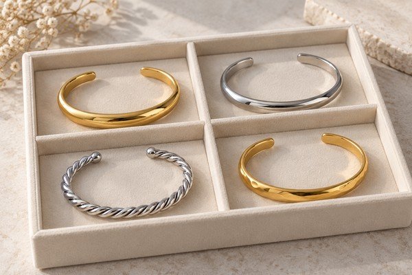 Cuff bracelet designs in separate tray compartments