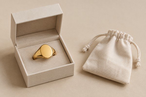 Gold signet ring with a box and pouch