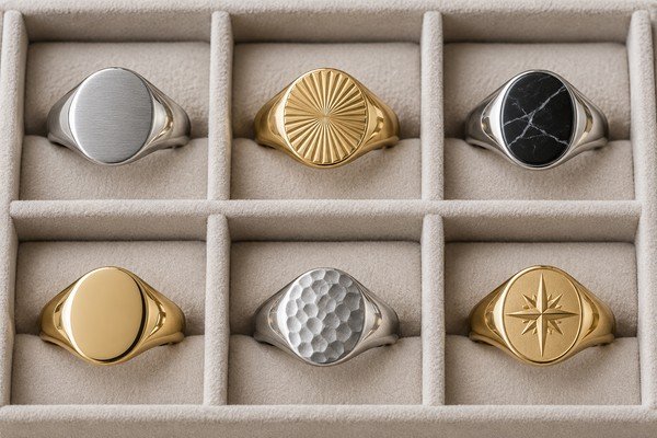 Assorted signet ring sample concepts in a tray