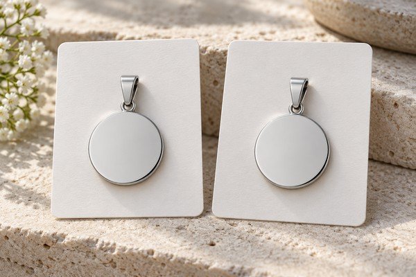 Matching silver disc necklaces on reference cards