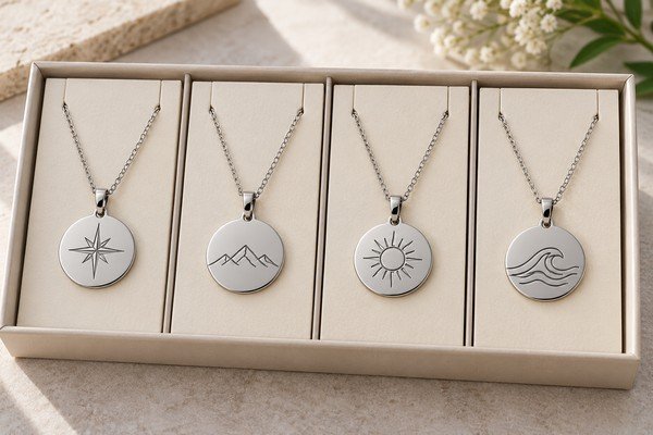 Engraved disc necklace variants on separate cards