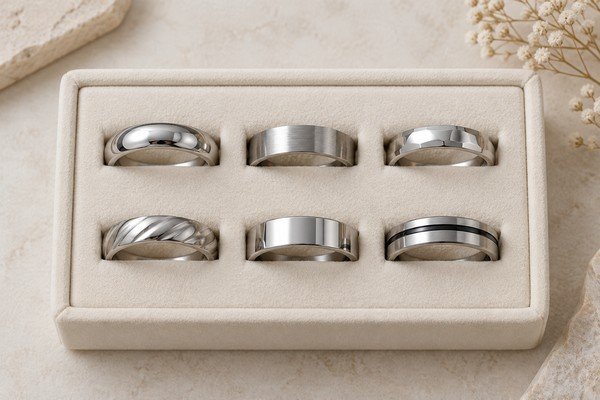 Ring size and finish concepts in a tray