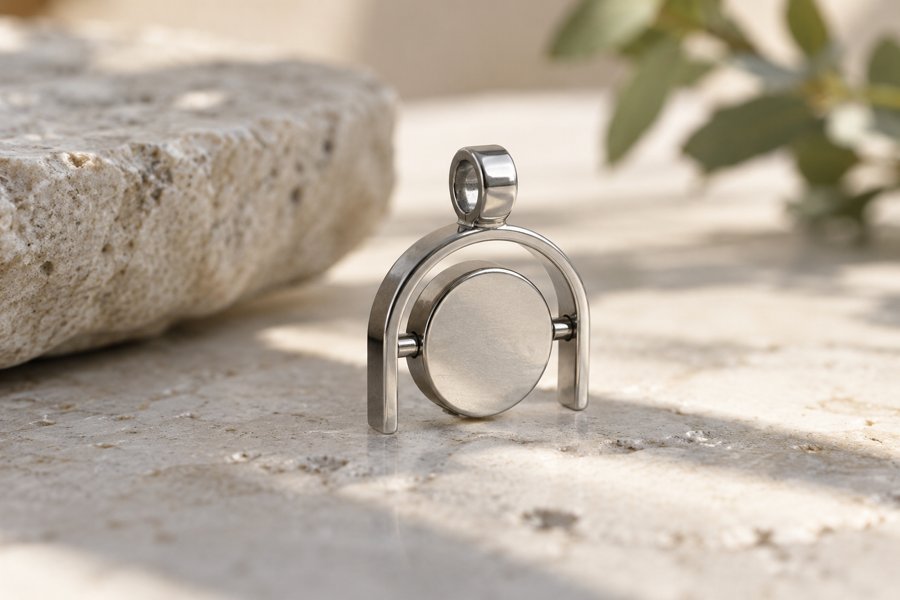 Illustration: A small stainless steel rotating charm with a flat disc inside a partial open-bottom frame, horizontal axle, product concept photograph