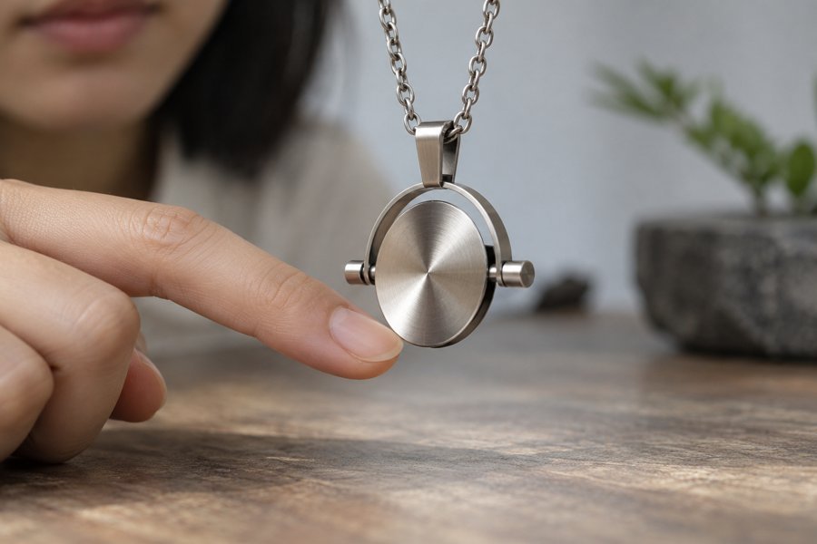 Illustration: A Chinese adult fingertip gently pushing the bottom of a rotating stainless steel disc charm with horizontal axle, concept prototype