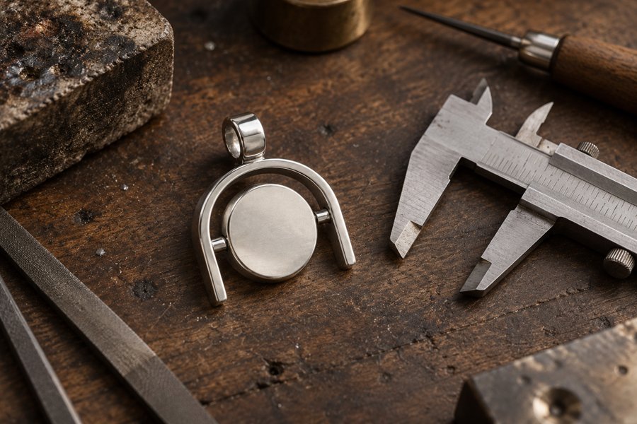 Illustration: Close-up of a small silver-tone rotating disc charm in open-bottom frame beside a caliper, no numeric readings