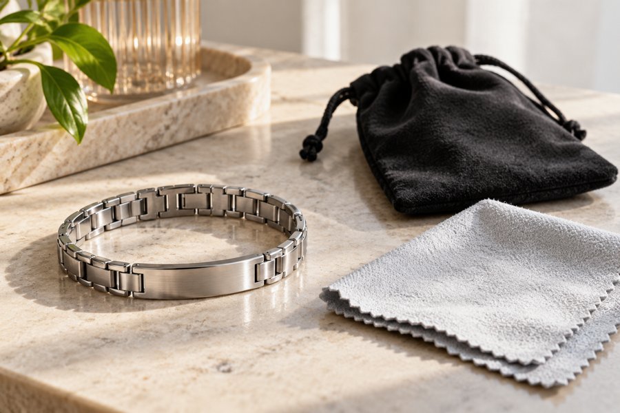 Illustration: A stainless steel bracelet resting beside separate soft cleaning cloth and storage pouch, daily care context