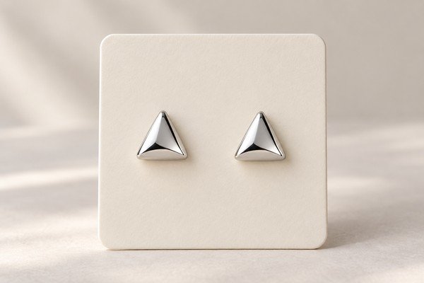 Silver triangular stud earrings on a blank card