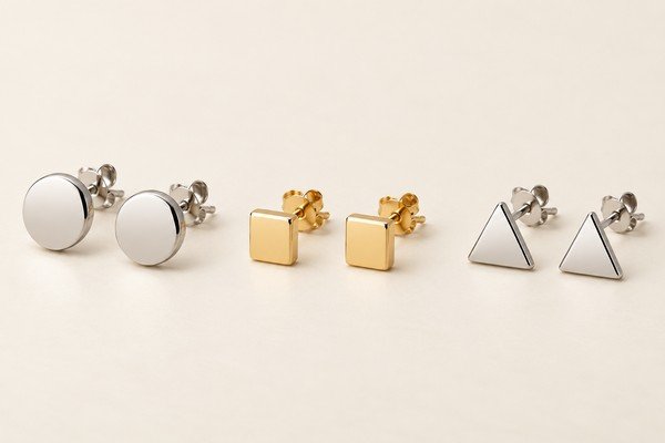 Round, square and triangular stud earring pairs