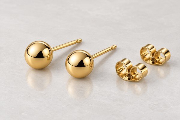 Gold round stud earrings with butterfly backings