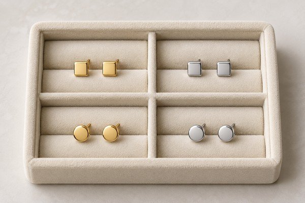 Stud earring variants separated in a tray