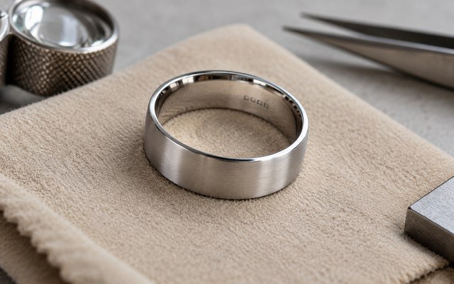 AI-generated editorial illustration: macro of a plain stainless steel ring with small inner-band engraving, on beige inspection pad