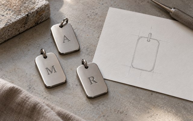 AI-generated editorial illustration: three small steel tags with simple engraved initials arranged beside a blank artwork proof card