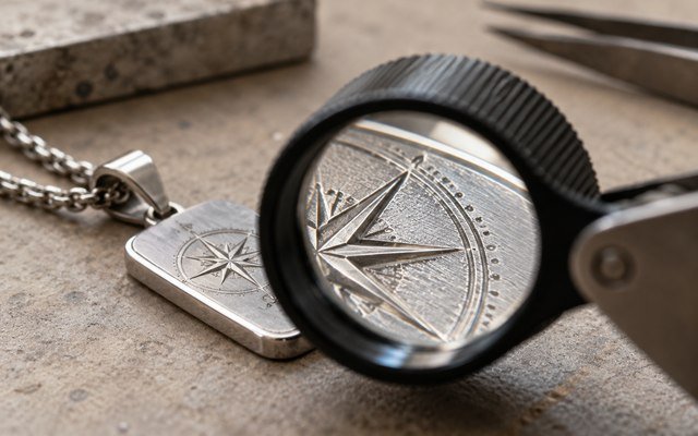AI-generated editorial illustration: a steel pendant under a magnifying loupe, close-up oblique view of engraving detail