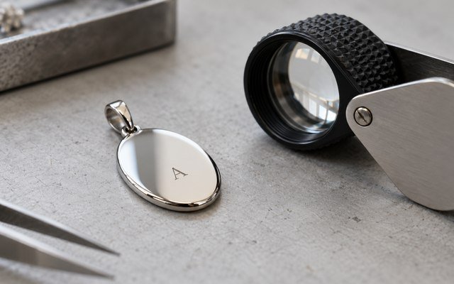 AI-generated editorial illustration of a small engraved stainless steel pendant and jeweler loupe