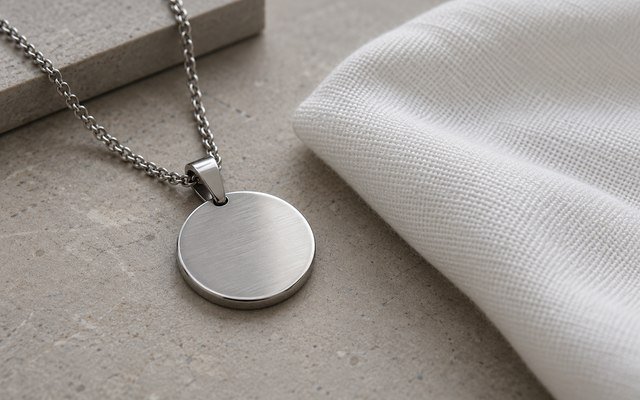 AI-generated editorial illustration: steel pendant beside a soft white fabric swatch for snag review