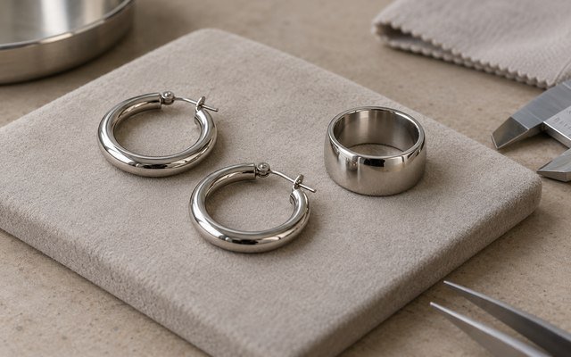 AI-generated editorial illustration: steel hoop earrings and smooth wide ring arranged on a neutral inspection pad