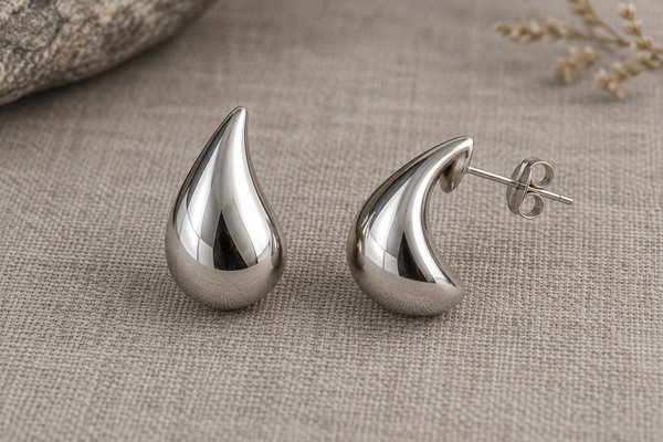 silver stainless steel sculptural teardrop stud earrings: side profile of hollow sculptural earring
