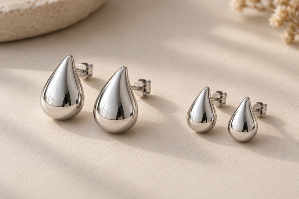 silver stainless steel sculptural teardrop stud earrings: two different sized teardrop earring pairs