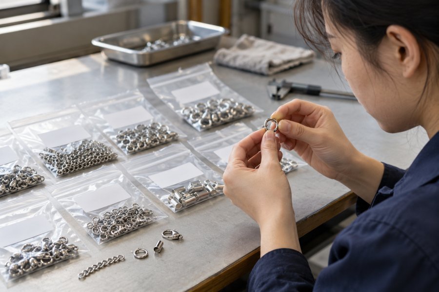 Illustration: Stainless steel jewelry components in separate labeled sample bags with blank labels, generic alloy verification context