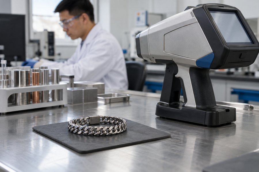Illustration: A stainless steel bracelet beside a generic composition analyzer in a laboratory, no readable screen or results