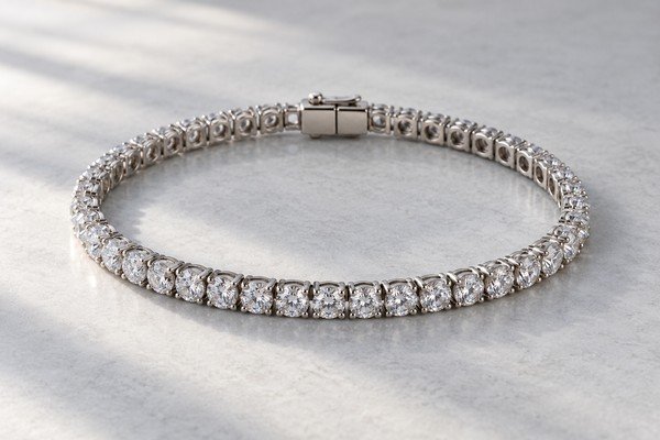 Stone setting detail on a silver tennis bracelet