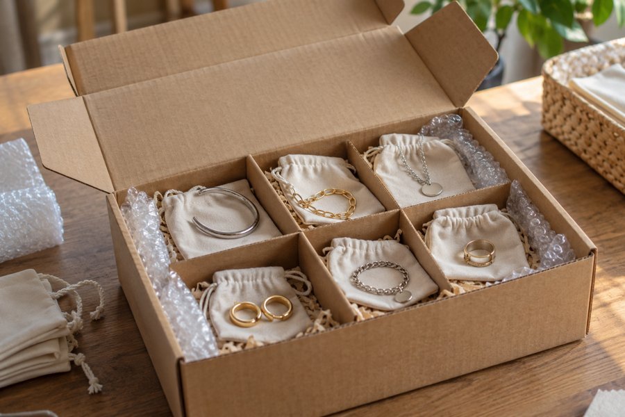 Jewelry separated in protective shipment packaging