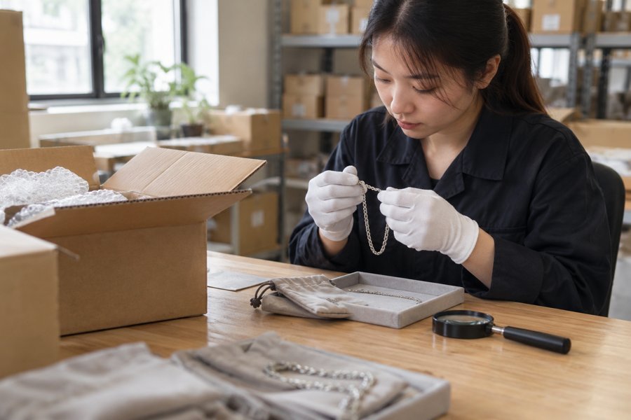 Protected jewelry being prepared beside an export carton