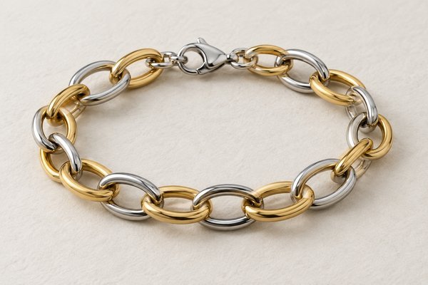 two-tone stainless steel interlocking oval link jewelry: macro gold and silver link boundary