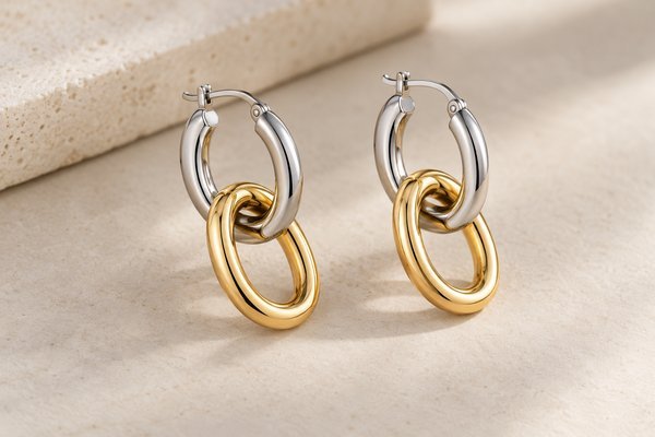 two-tone stainless steel interlocking oval link jewelry: paired silver and gold oval hoop earrings