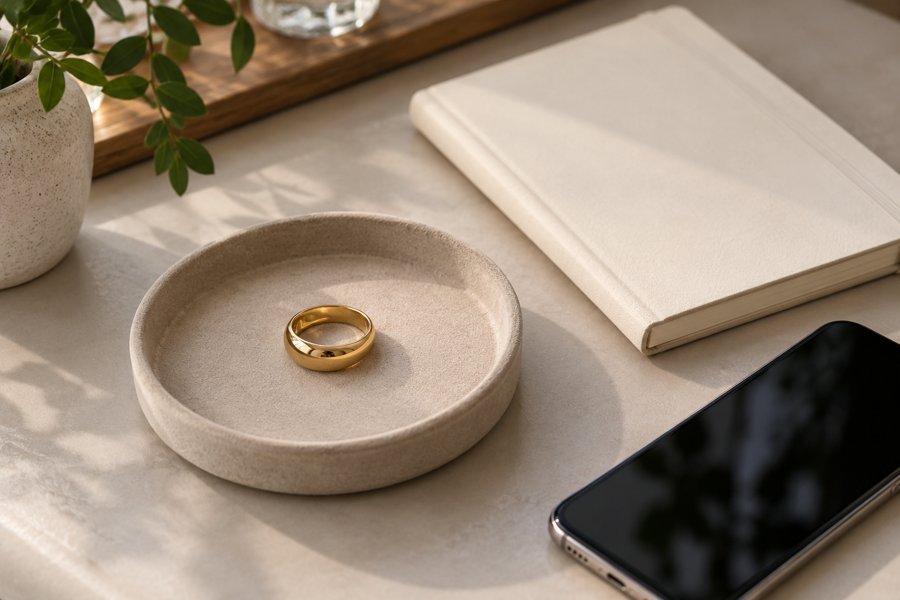 Illustration: A gold-tone ring on a neutral review tray beside a blank dated journal and smartphone with black screen