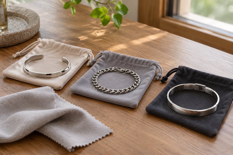 Illustration: Three plain stainless steel bracelets in separate storage pouches beside a soft cloth, wear-trial comparison setup