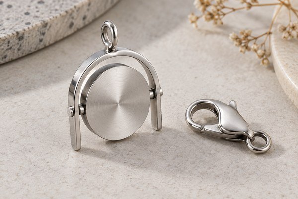 Illustrative scene: A realistic complete stainless steel rotating disc charm with horizontal pivot inside an open-bottom frame beside a lobster clasp on a neutral work surface.