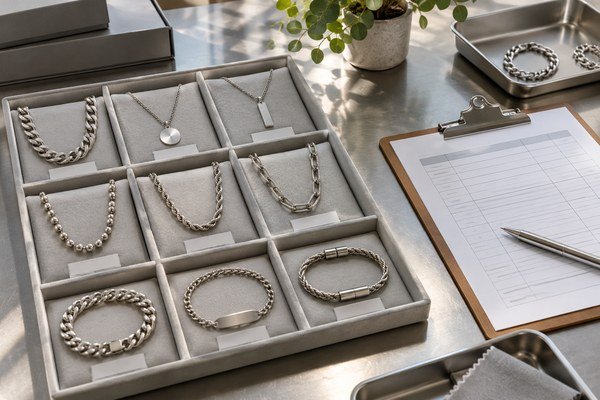Illustrative scene: Distinct stainless steel necklaces and bracelets in separate labeled but unreadable sample compartments beside a batch record clipboard.