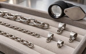 Editorial illustration: Stainless steel pendant loops and chain links arranged on a quality inspection pad with a loupe