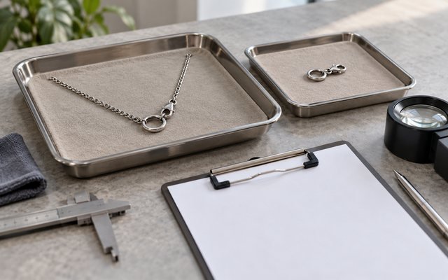 Editorial illustration: A necklace attachment and reference component on separate trays beside a blank inspection sheet