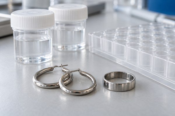 Illustrative scene: Plain hoop earrings and a steel ring beside unlabeled laboratory specimen containers on a clean sample tray.