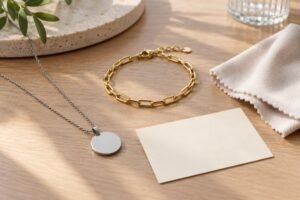 Illustrative scene: A simple stainless steel pendant necklace, gold-tone bracelet and soft clean cloth beside an unprinted cream care card, natural desktop photograph.