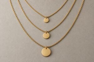 Gold stainless steel cable necklaces with round disc pendants