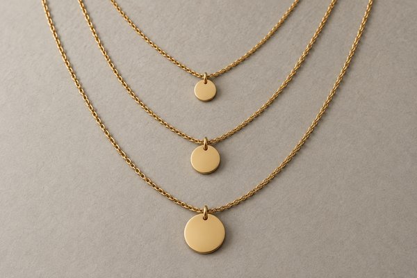 Gold stainless steel cable necklaces with round disc pendants