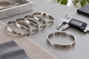 Illustrative scene: Several identical plain stainless steel bracelets arranged beside a digital caliper and one separate reference sample on a neutral quality review desk, no text or people.