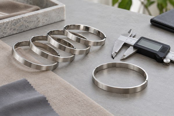 Illustrative scene: Several identical plain stainless steel bracelets arranged beside a digital caliper and one separate reference sample on a neutral quality review desk, no text or people.