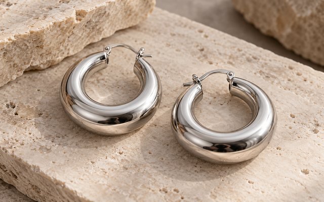 Editorial illustration: Two large hollow-style stainless steel hoop earrings on a neutral stone surface, complete realistic products