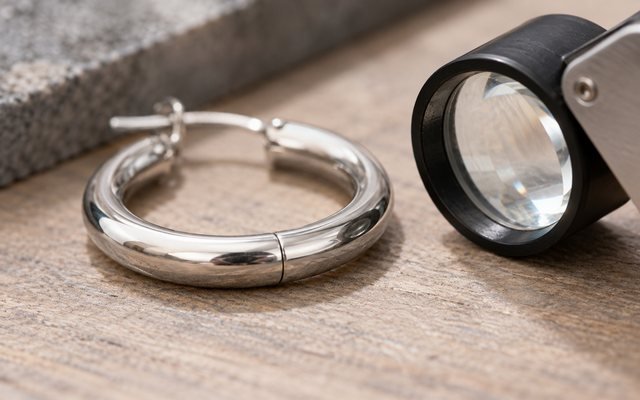 Editorial illustration: Close-up of a subtle seam on a stainless steel hoop beside a magnifying loupe