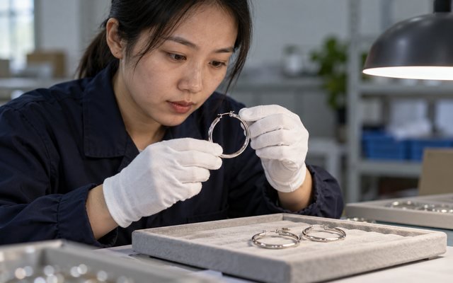 Editorial illustration: A Chinese technician inspecting a large hoop earring over a padded tray